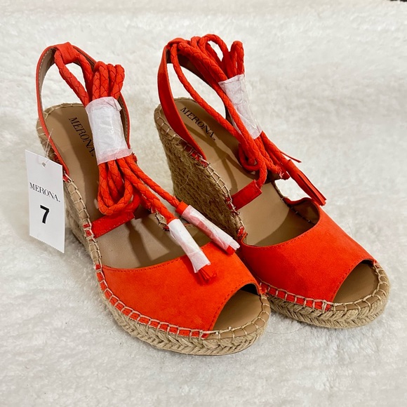 Merona Wedge Sandals Heel Ankle Tie Up Strings Peep Toe Platform Shoes Fabric - Picture 3 of 9